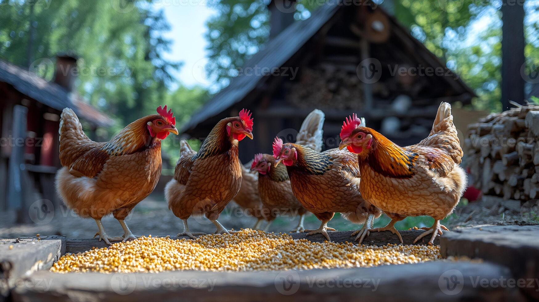 Chickens eating corn in a wooden trough in farmyard photo