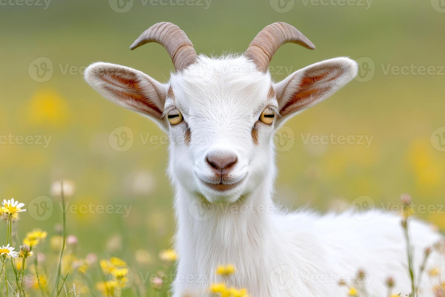 White goat relaxing in a field of flowers photo