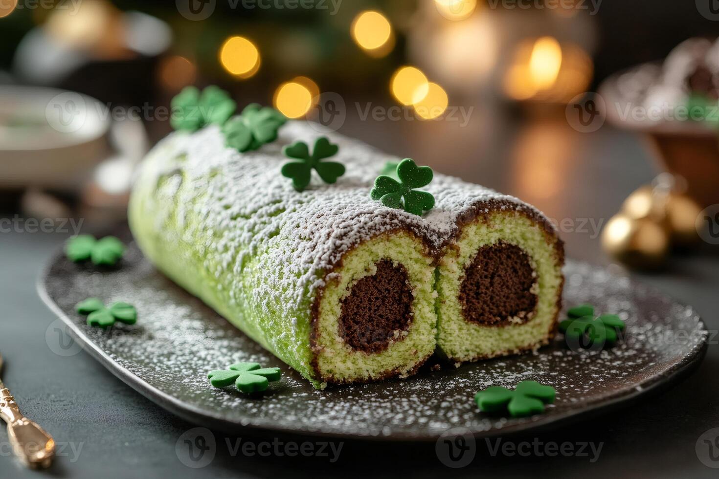 Delicious green swiss roll cake with shamrocks for St. Patrick's Day is waiting on a black plate photo