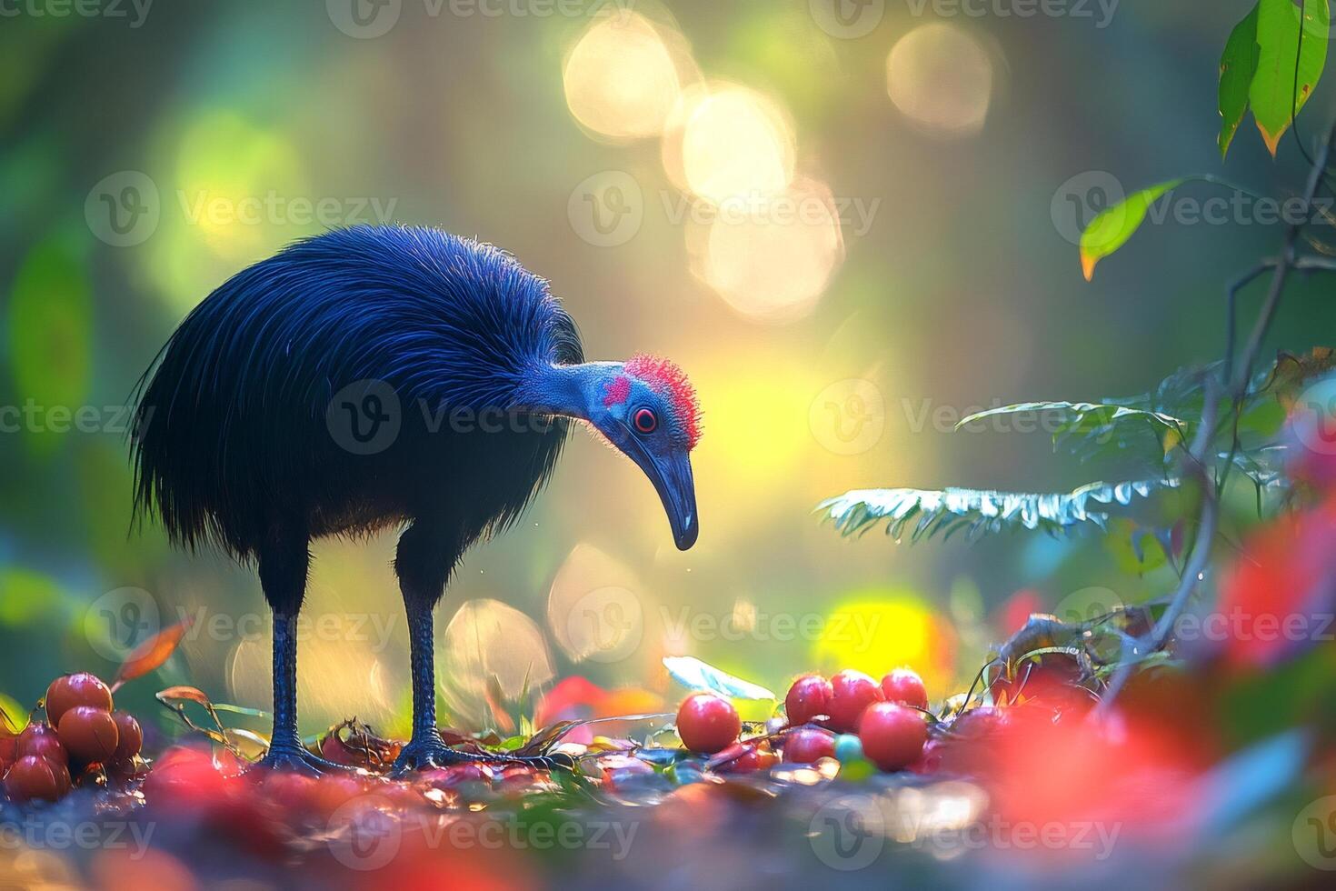 Cassowary eating red berries in tropical forest photo