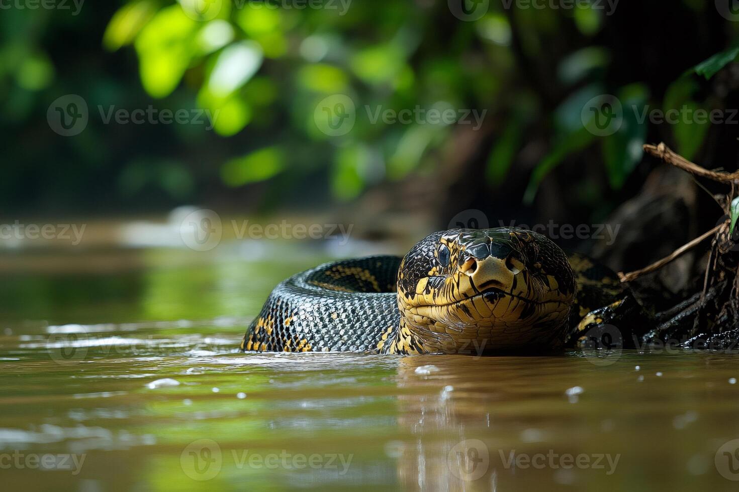 Yellow anaconda swimming in the Amazon Rainforest river photo