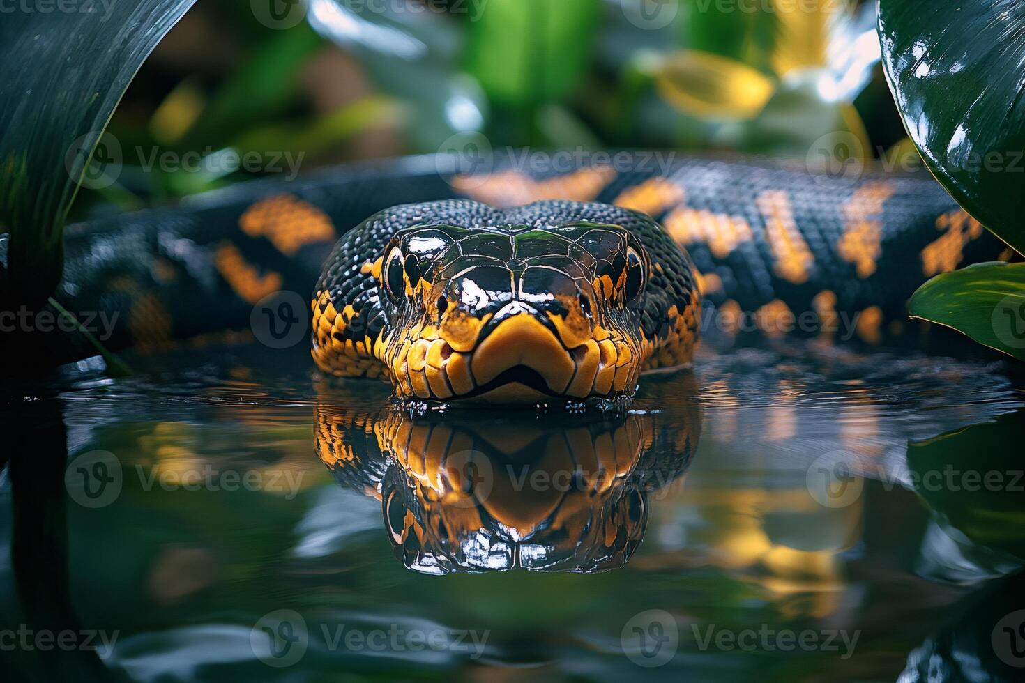 Terrestrial Mud Snake Partially Submerged in Water with Reflection photo