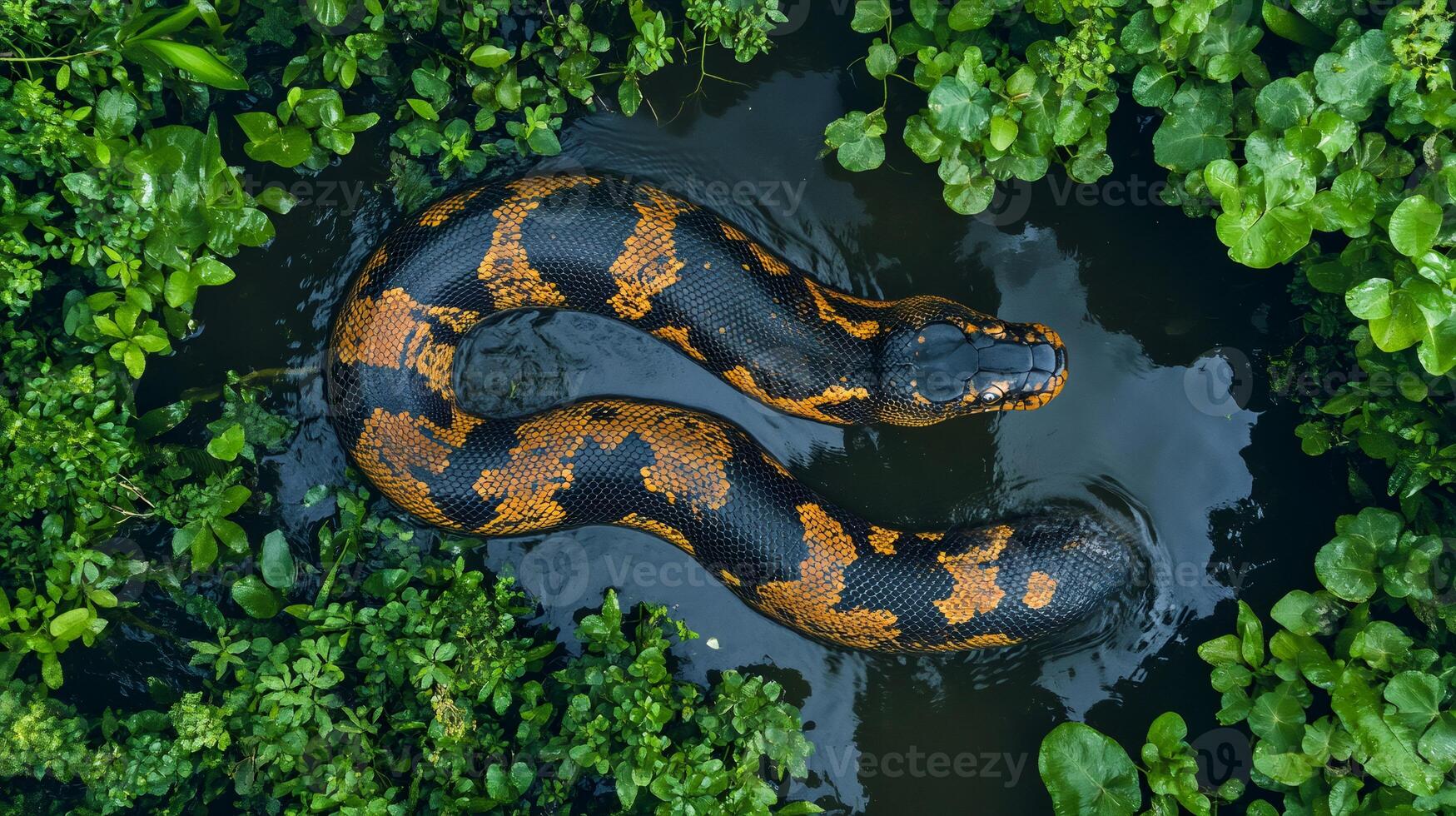 Carpet python swimming in dark water surrounded by green vegetation photo