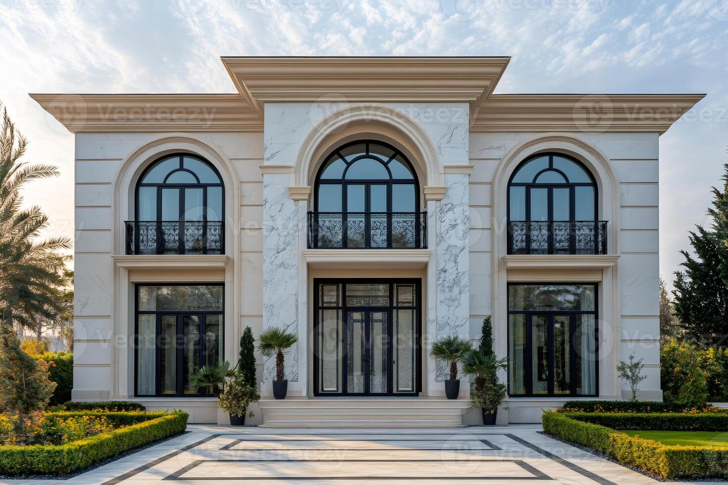 Luxurious white marble mansion with arched windows and balconies featuring a paved driveway and manicured lawn photo