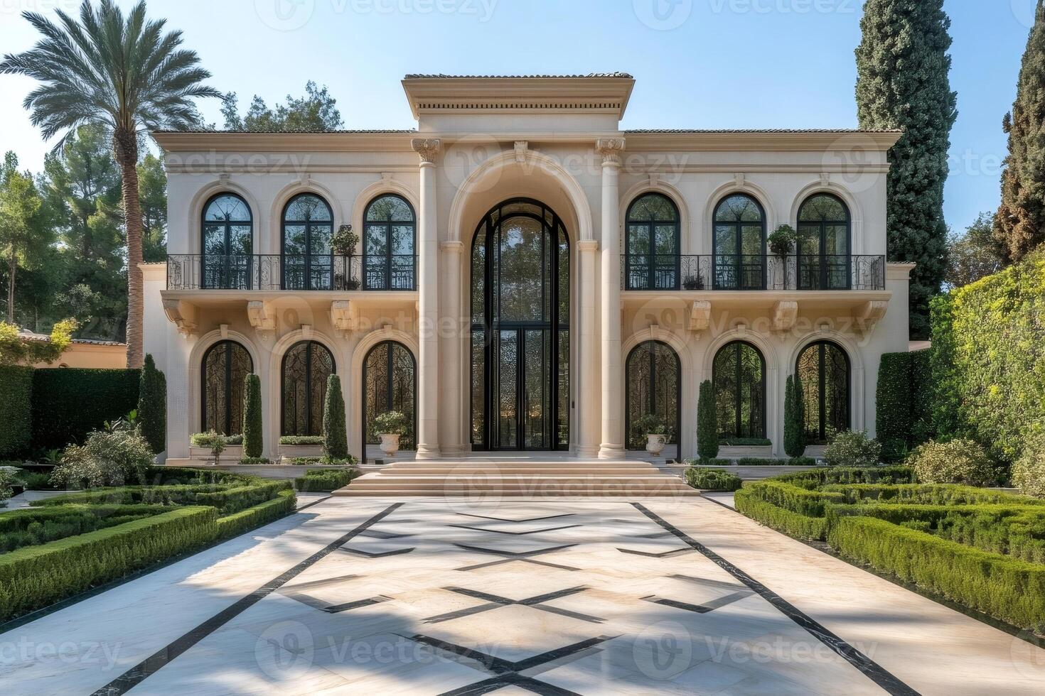 Beige mega mansion with large driveway and manicured gardens displaying wealth and opulence photo