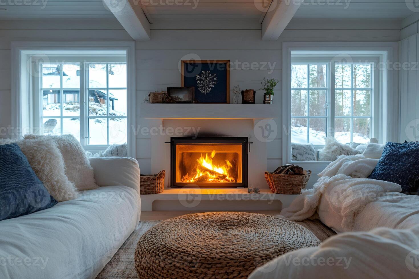 Fireplace warming cozy living room in winter, snowy landscape outside windows photo
