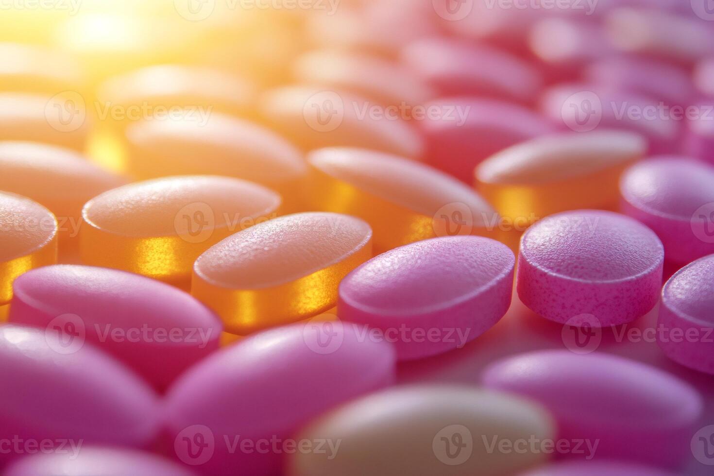 Colorful pills forming a pattern under warm light photo