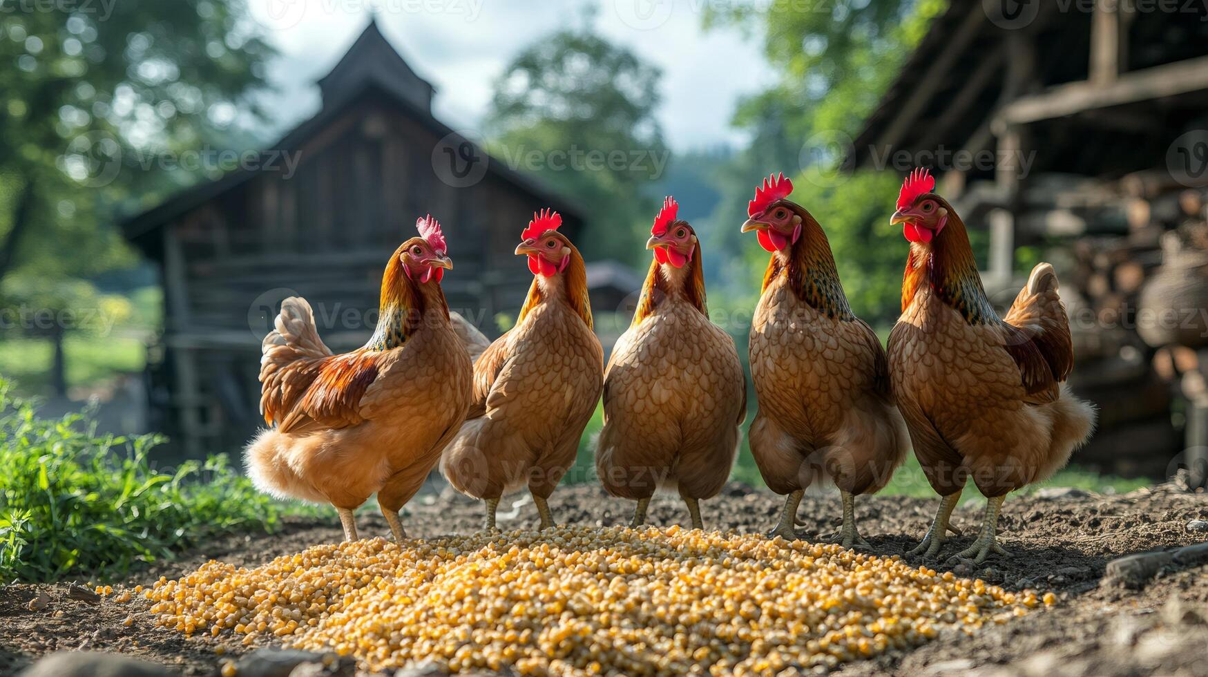 Five brown hens eating corn in front of wooden barn photo