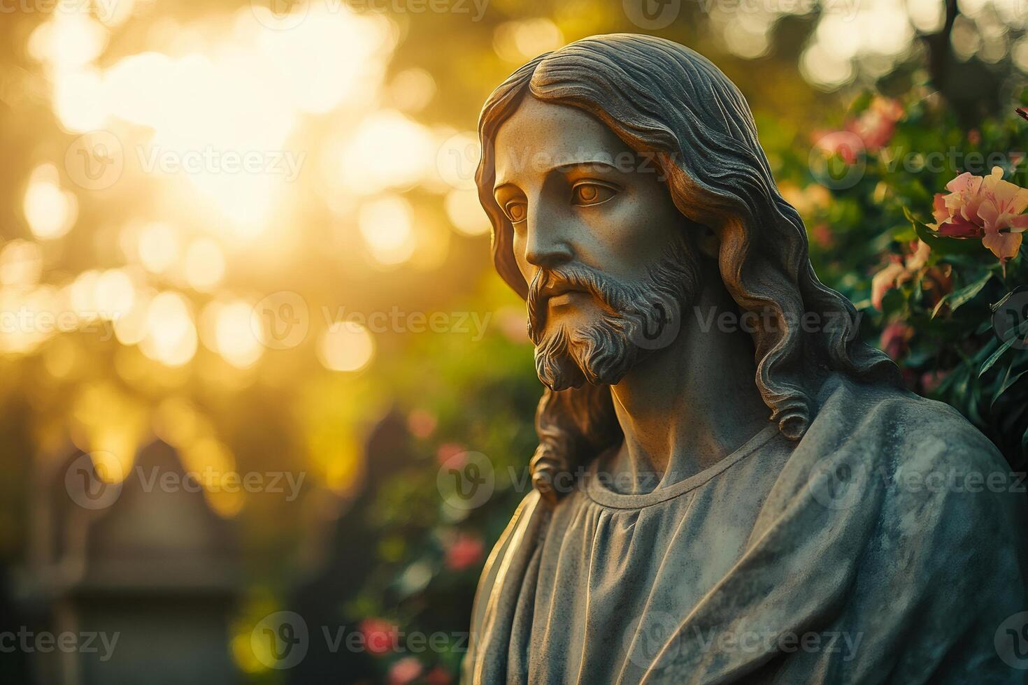 Majestic statue of Jesus Christ illuminated by golden sunlight in a serene garden. photo