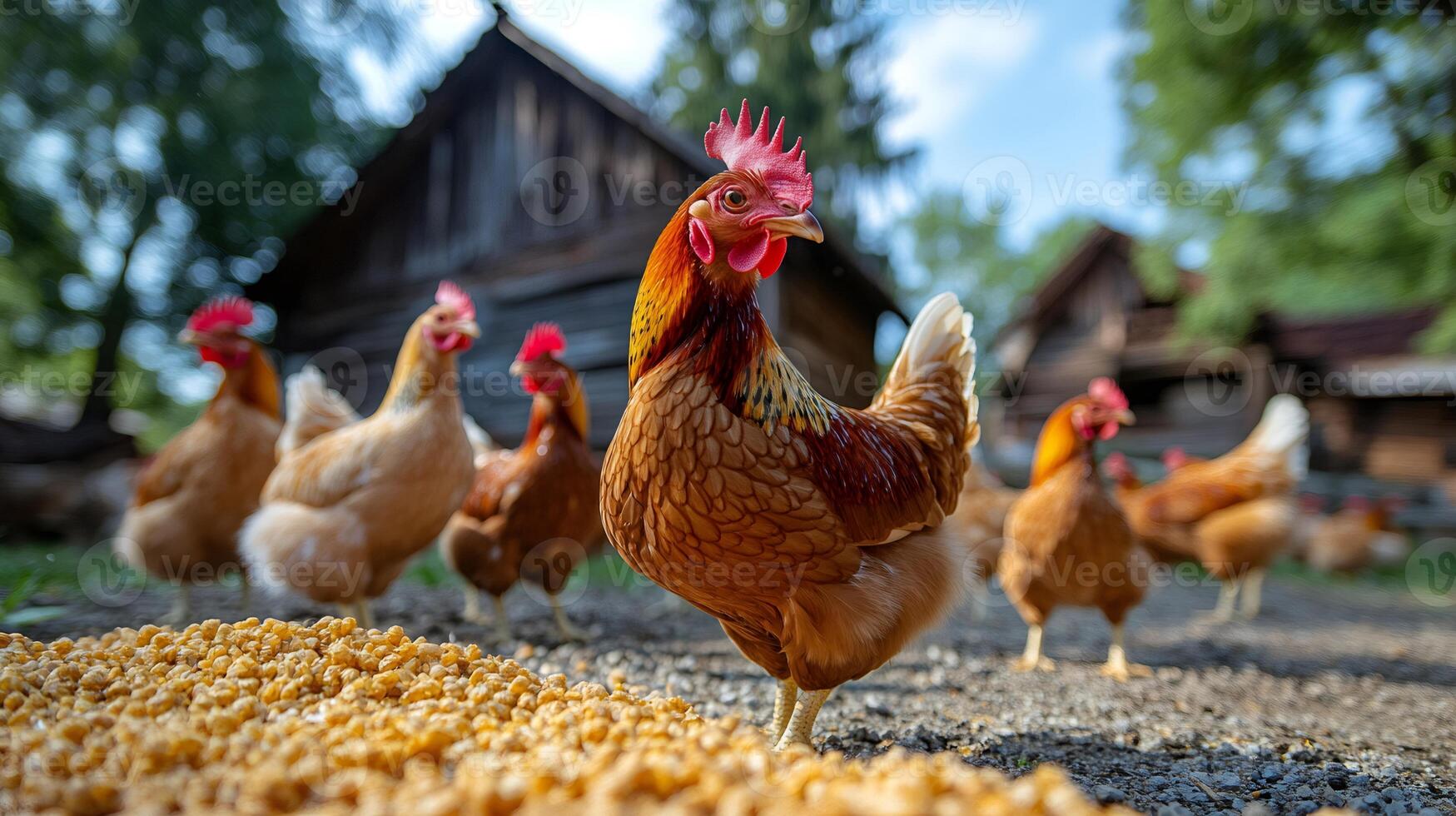 Chickens eating corn in front of wooden barn on a farm photo