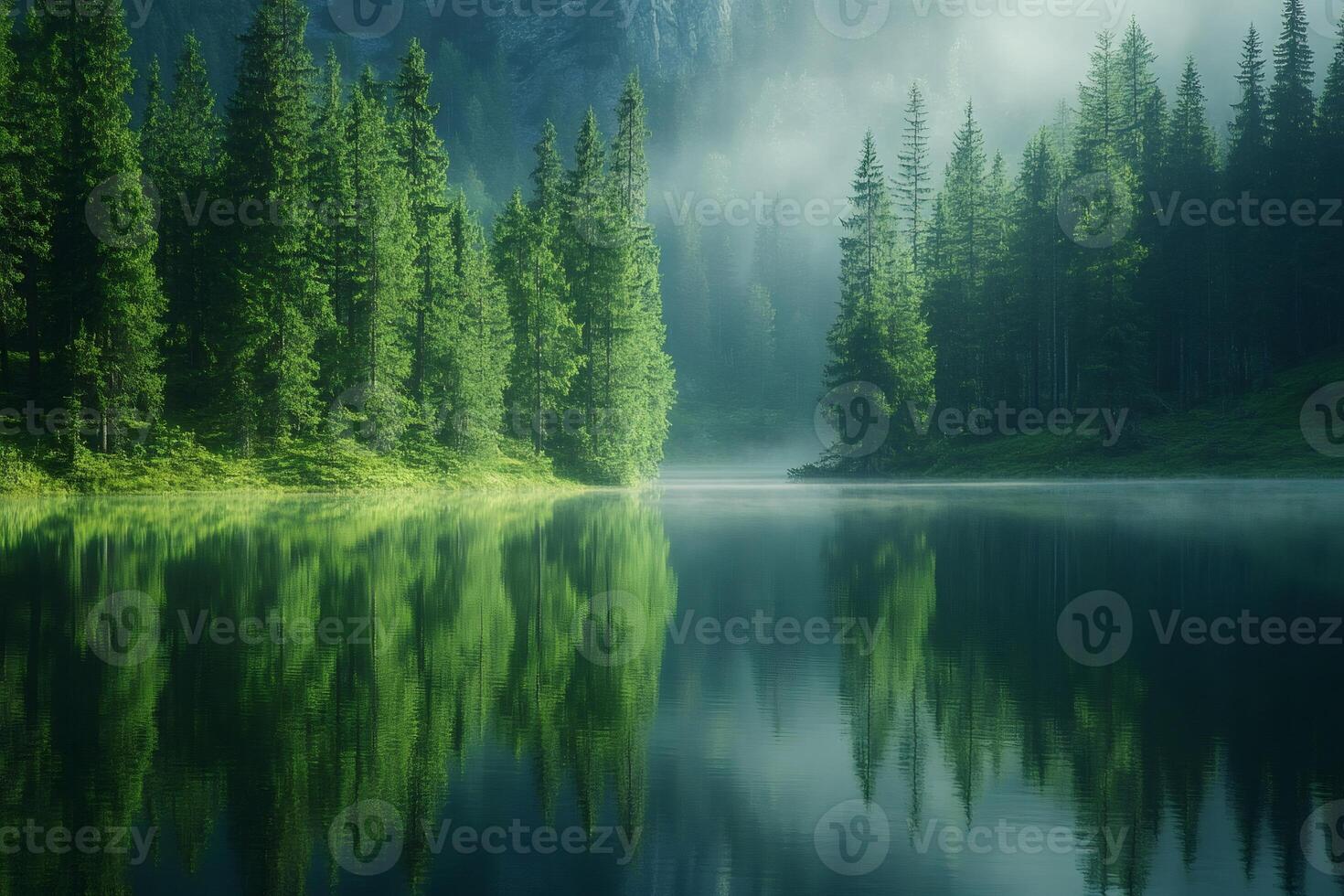 Pristine mountain lake reflecting lush green pine forest at sunrise photo