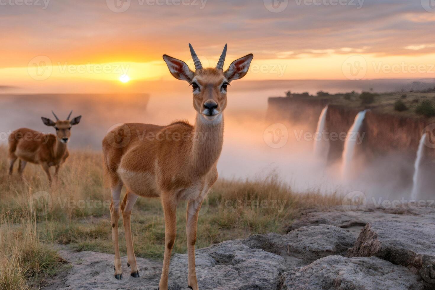 Puku antelopes enjoying sunrise at Victoria Falls photo