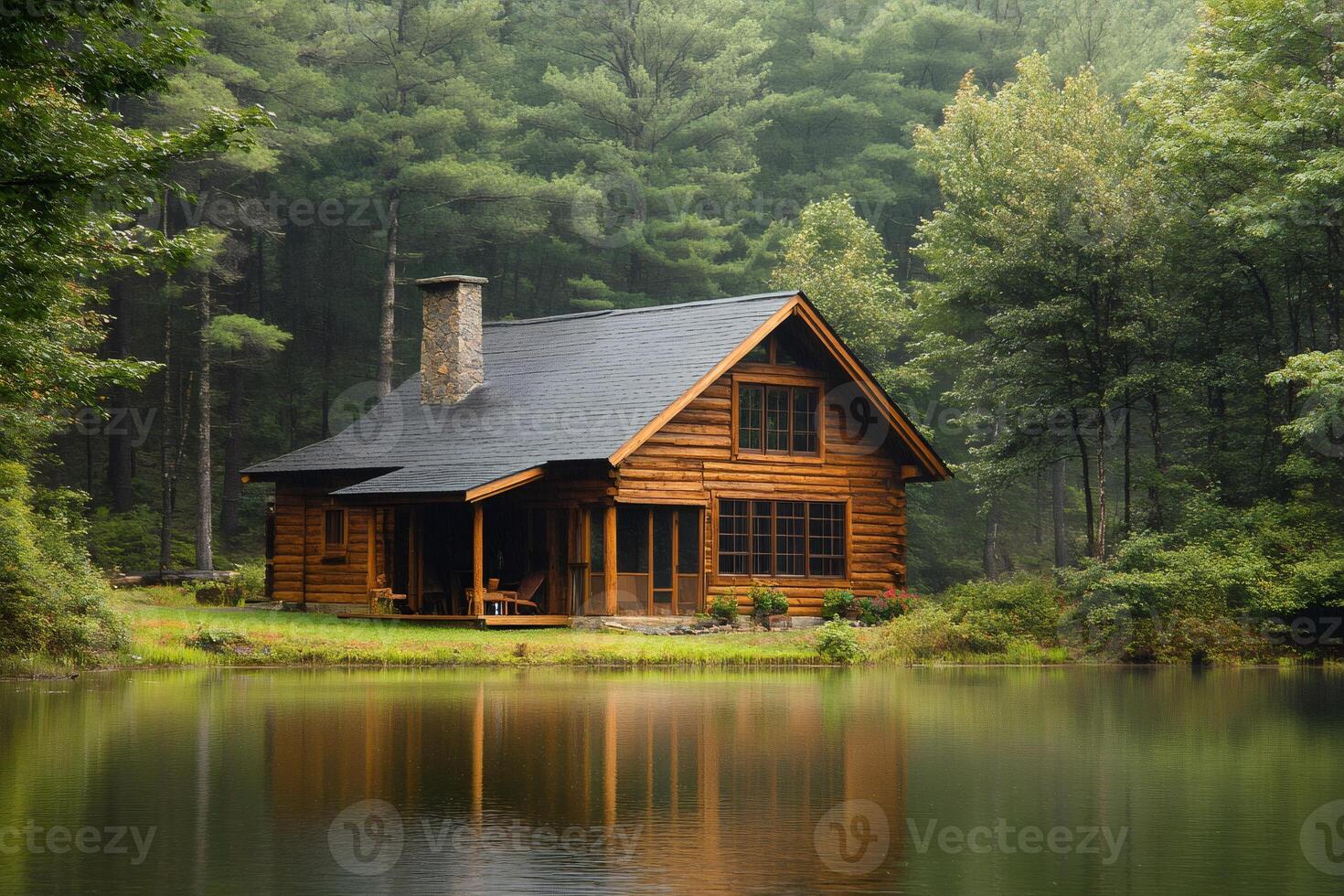 Cozy wooden cabin reflecting in a calm lake surrounded by forest photo