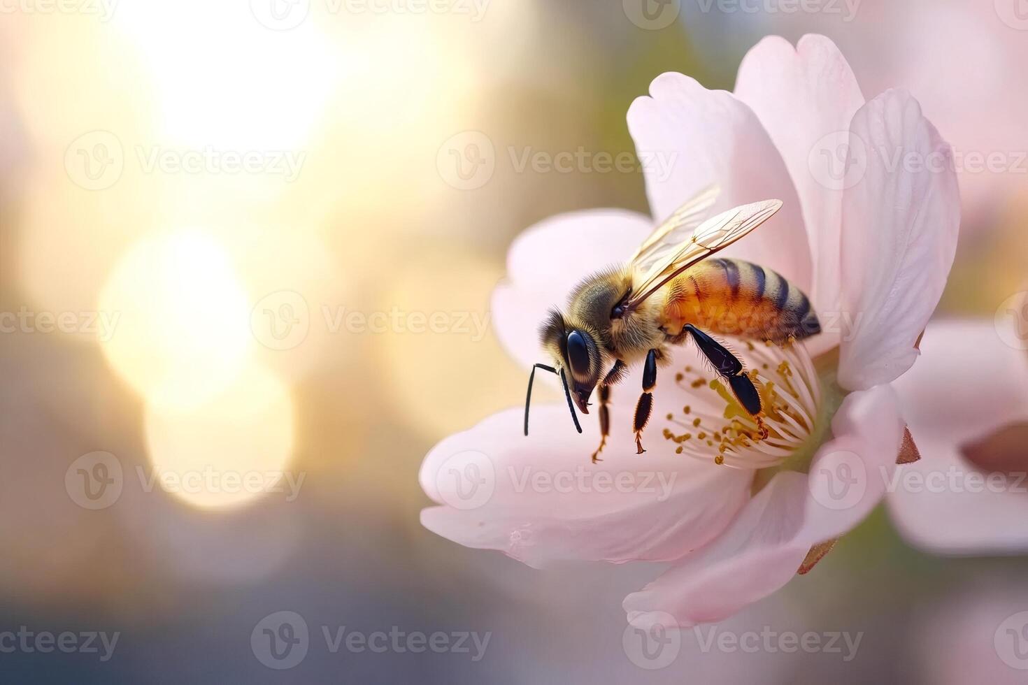Honey bee collecting pollen on almond tree flower at sunset photo