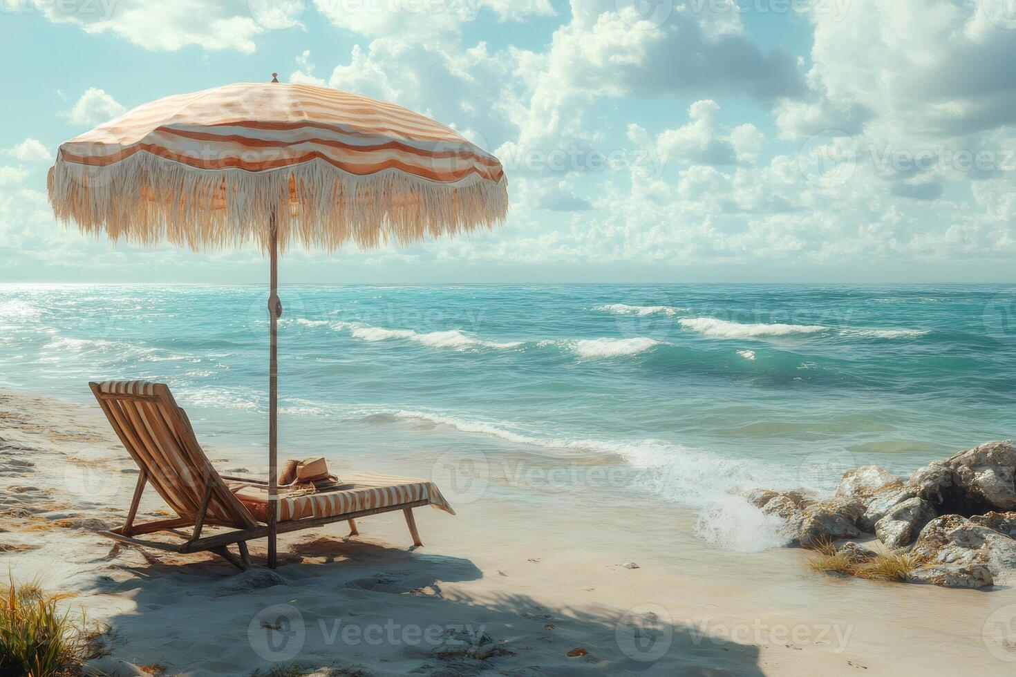 Beach umbrella and deck chair standing on idyllic sand beach with ocean waves crashing photo