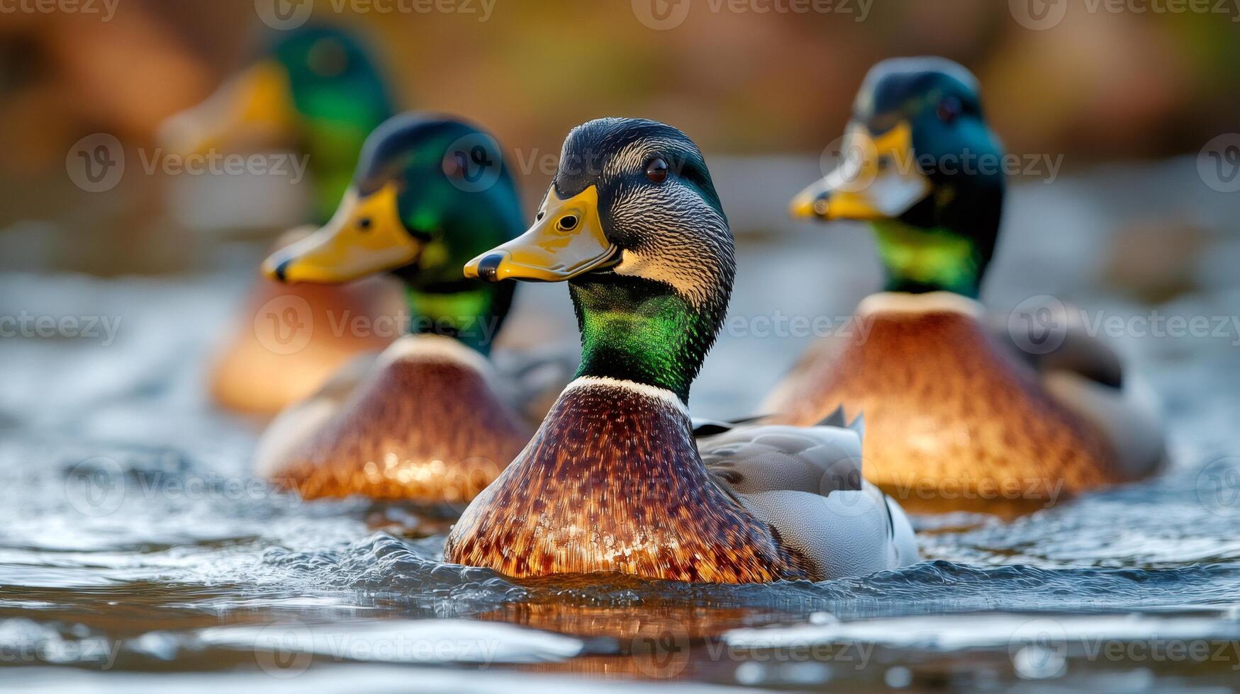 Group of mallard ducks swimming on lake in morning sunlight photo