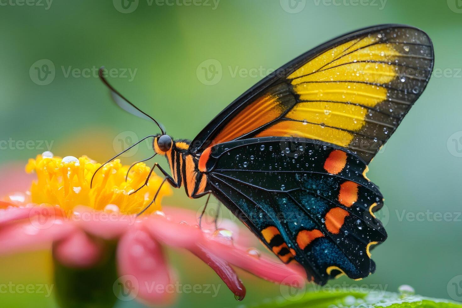 Colorful butterfly sipping nectar from a flower in the rainforest photo