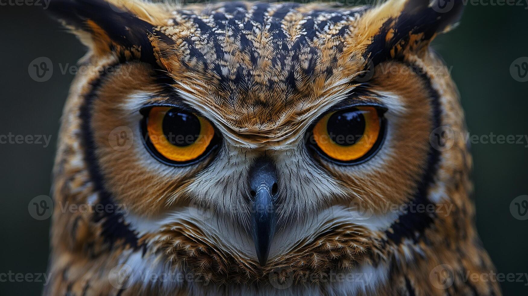 Owl staring intensely with bright orange eyes and detailed plumage. photo