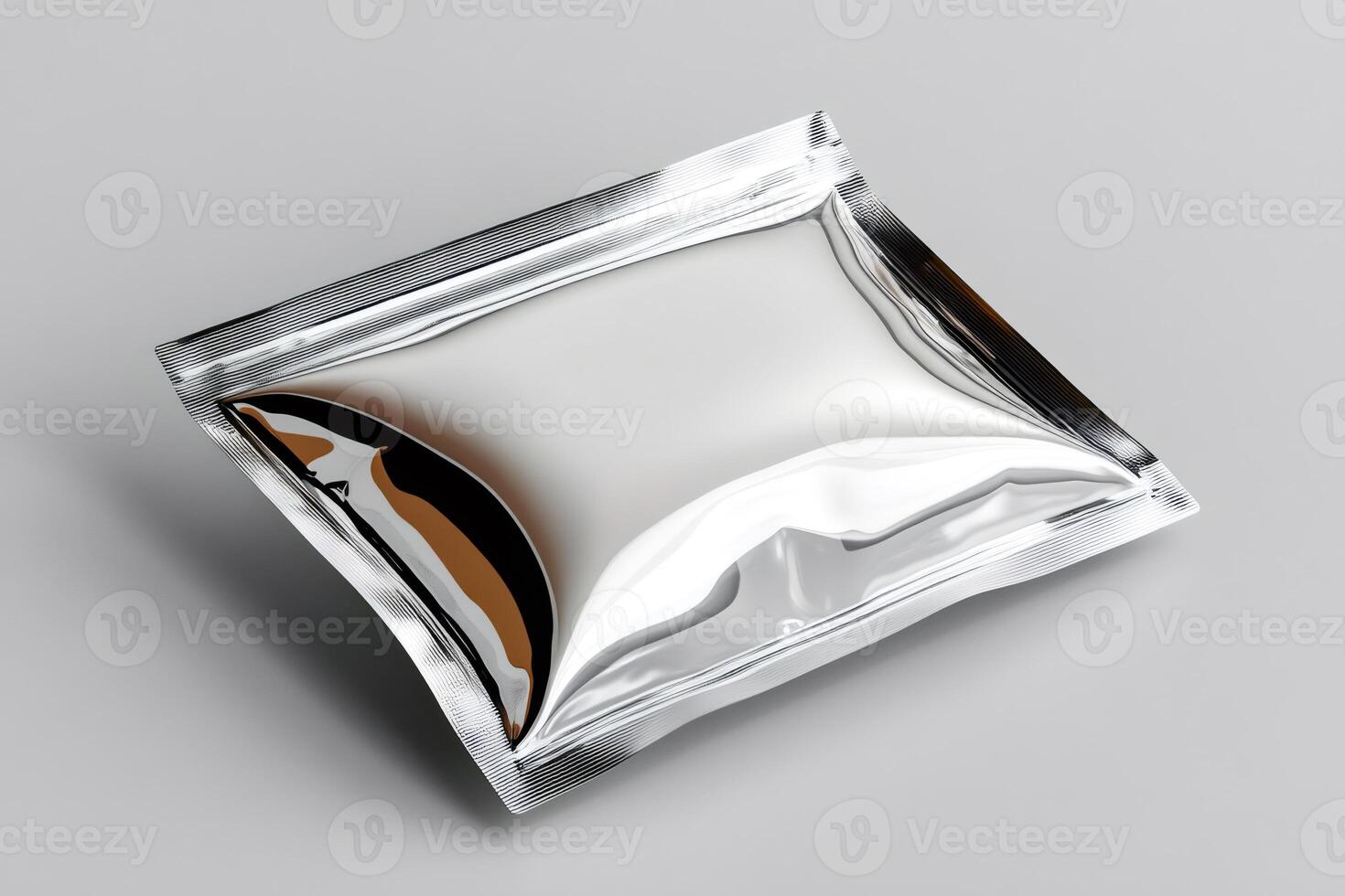 Inflated blank sealed foil pouch packaging mockup resting on gray background photo