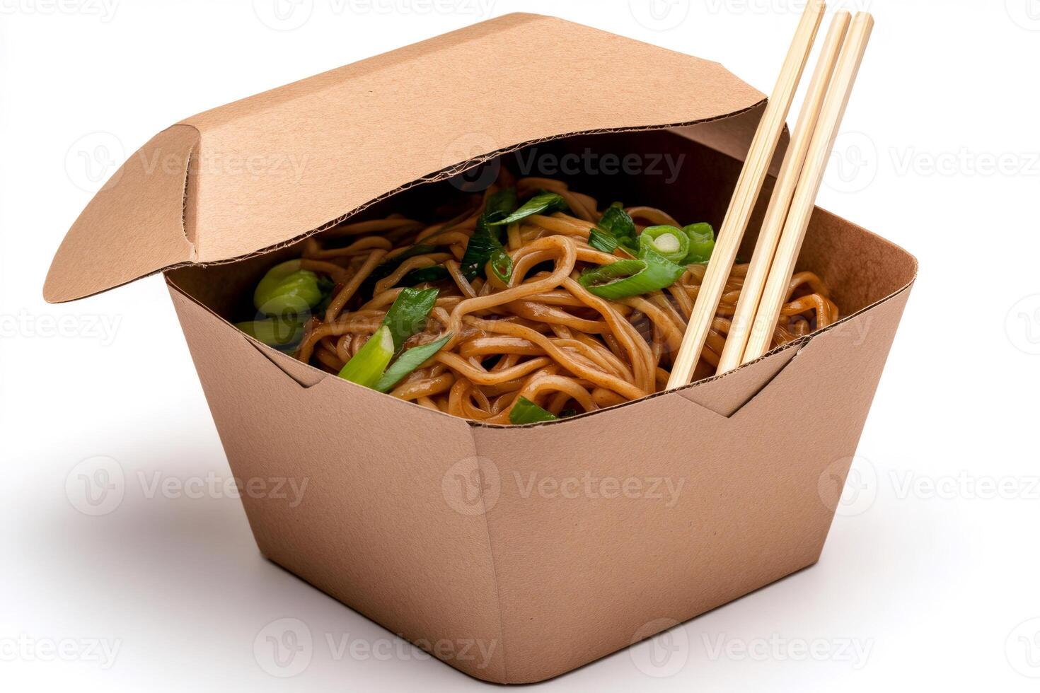 Wok noodles with edamame and chopsticks in recyclable cardboard packaging photo