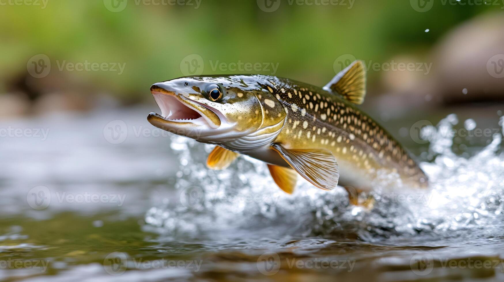 Brown trout jumping and splashing in a river photo