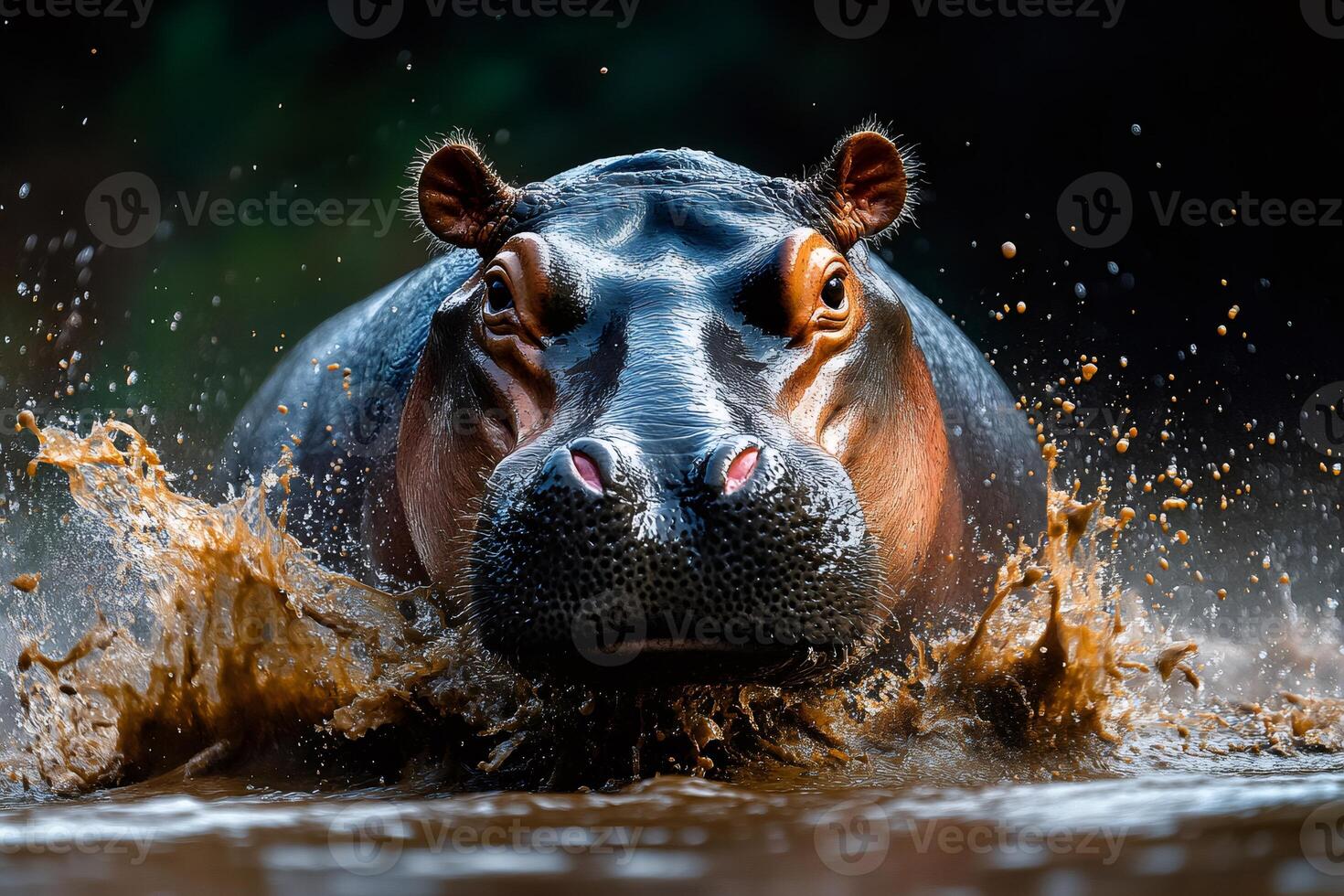 Hippopotamus running in muddy water creating splashes photo