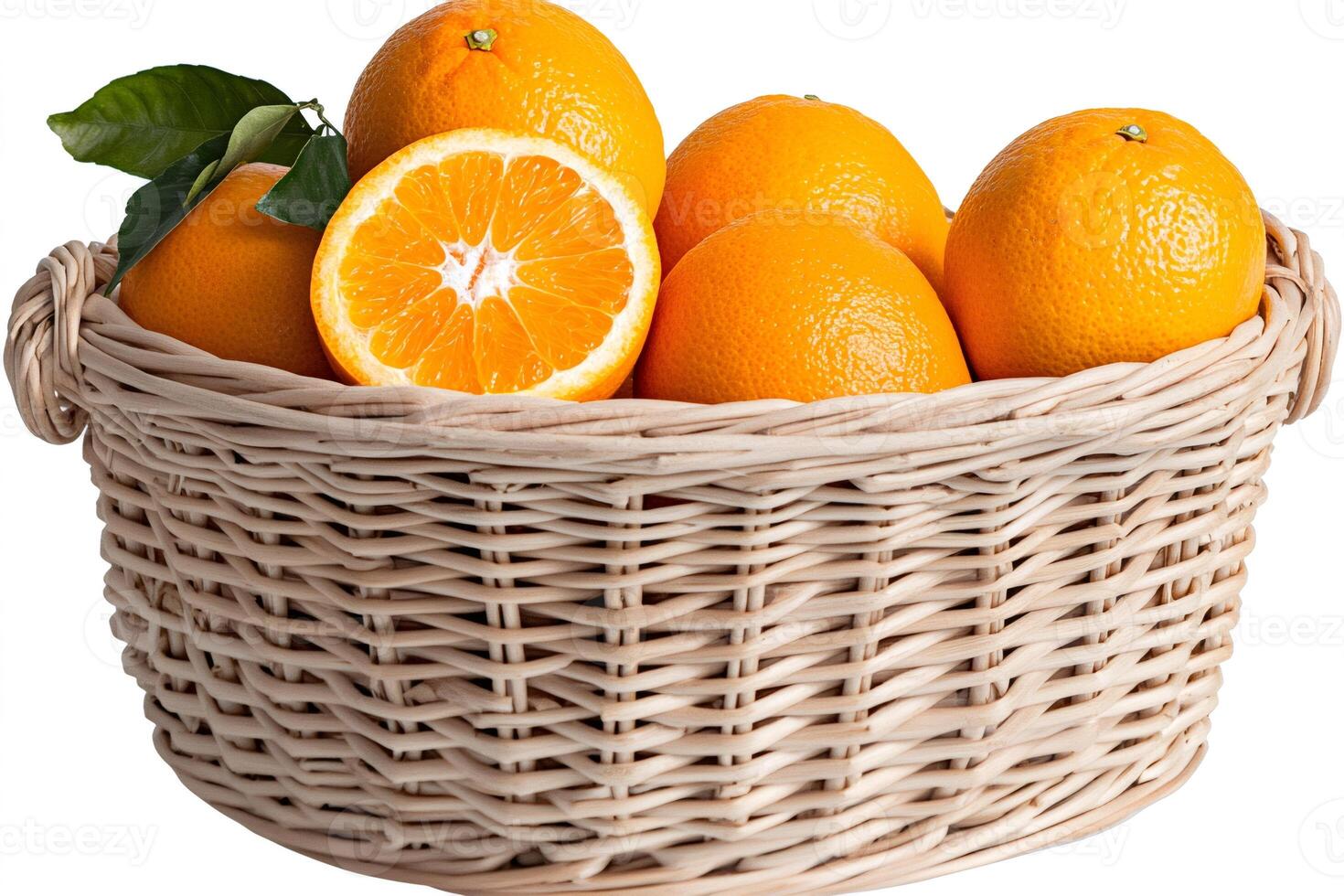 Fresh oranges with leaves resting in wicker basket on white background photo