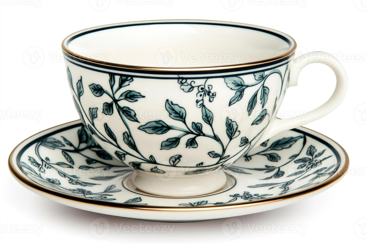 Empty teacup with saucer decorated with floral ornament standing on white background photo