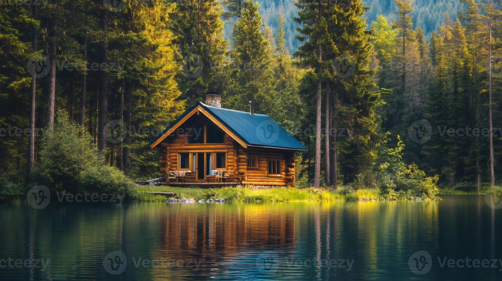 Wooden cabin reflecting on a pristine lake surrounded by forest photo