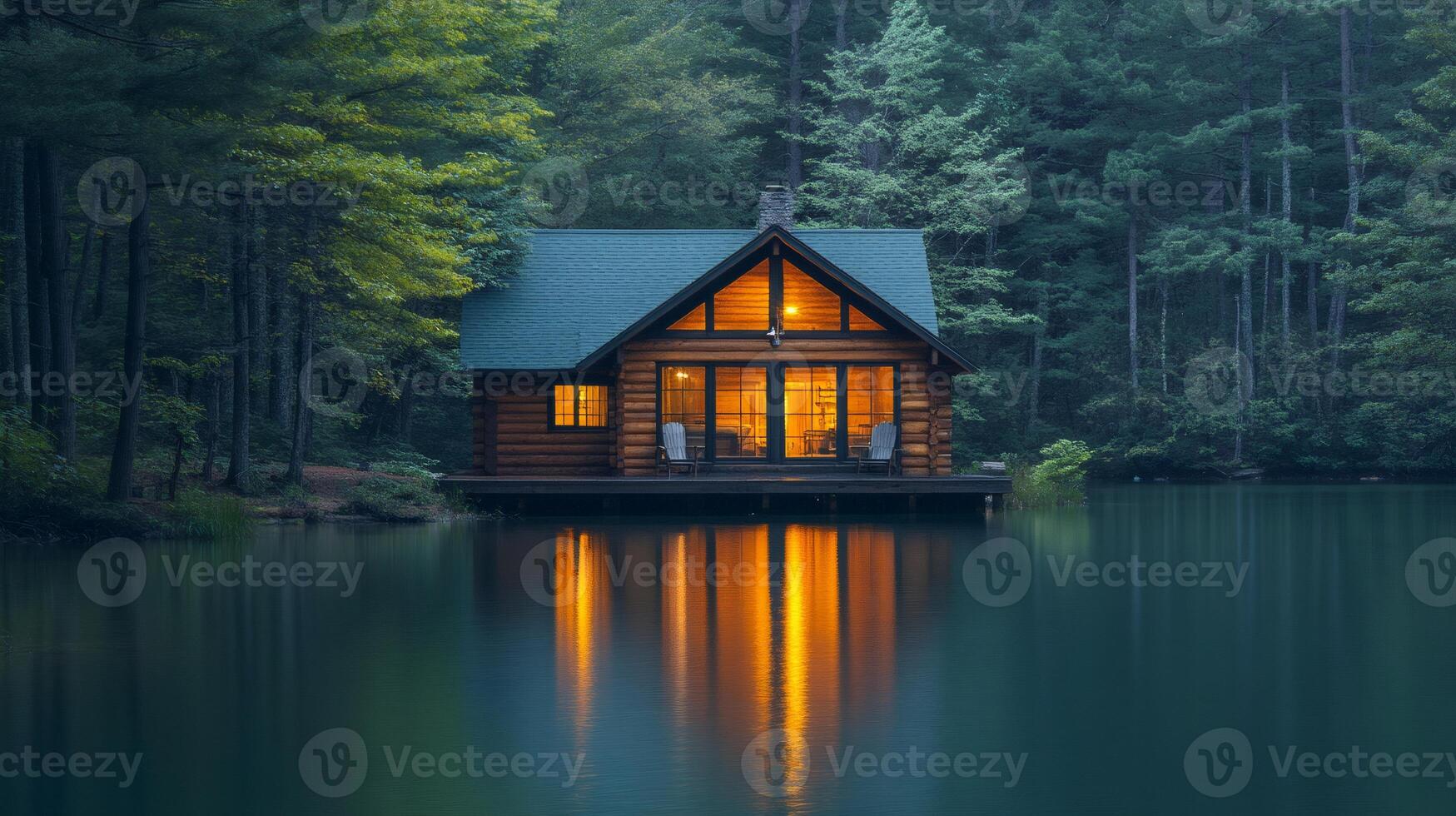 Cozy wooden cabin reflecting on calm lake at twilight in the forest photo