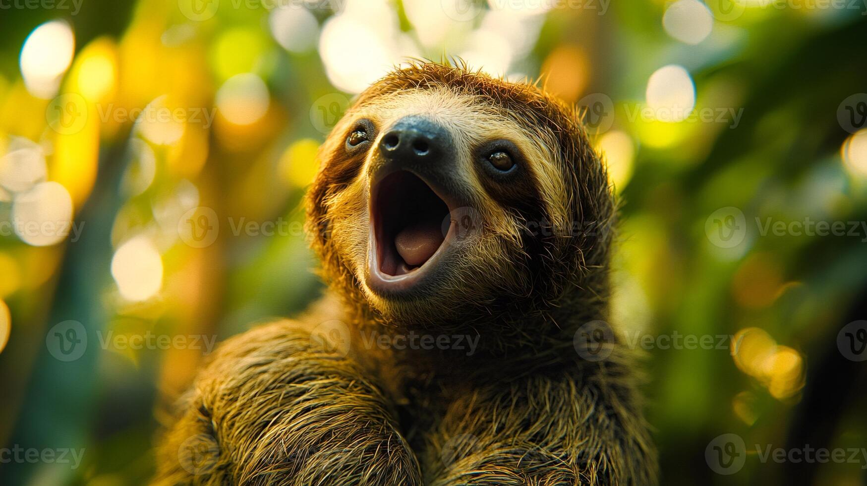 Brown-throated three-toed sloth yawning in the rainforest photo