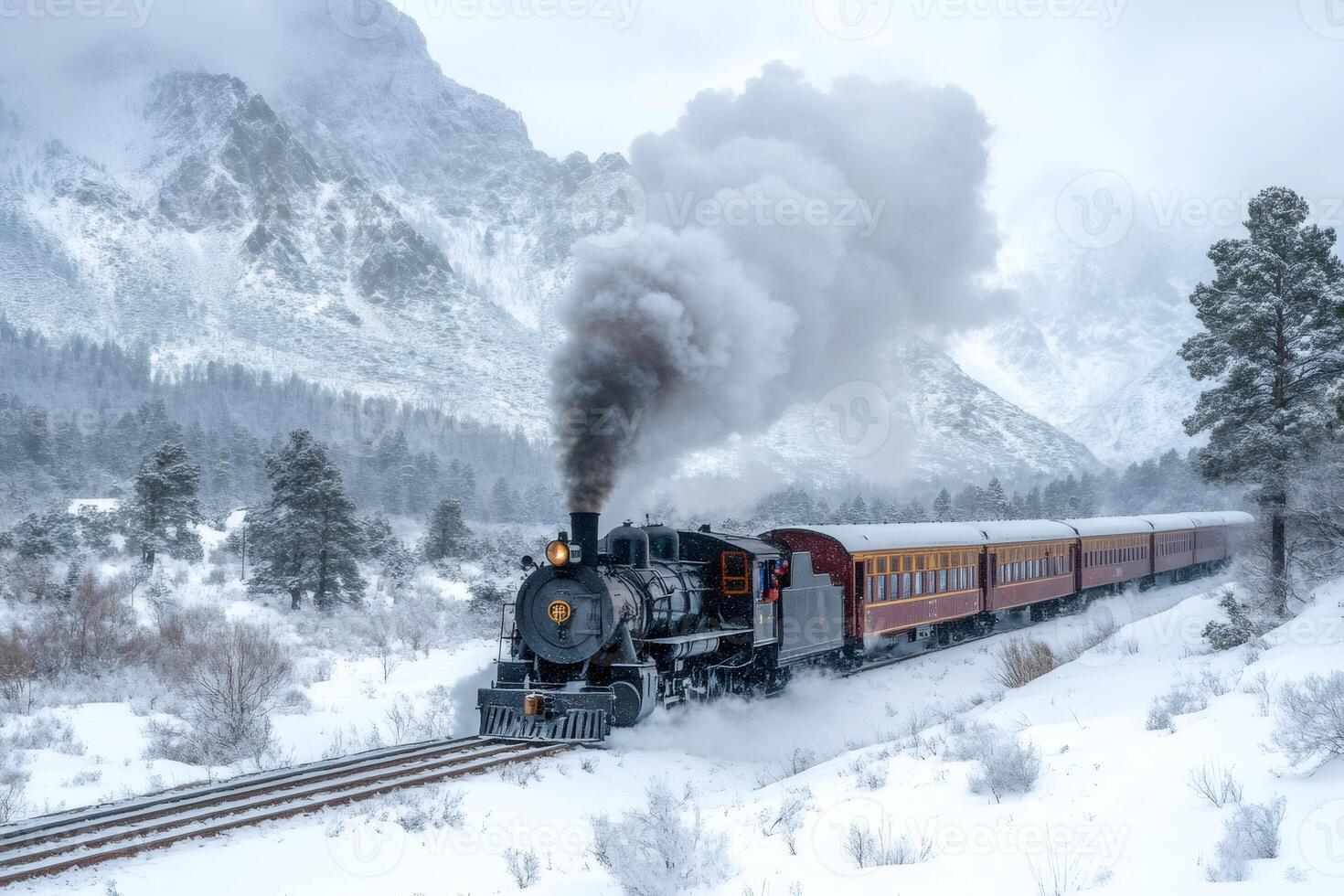 Steam train running through snowy mountains in Colorado photo