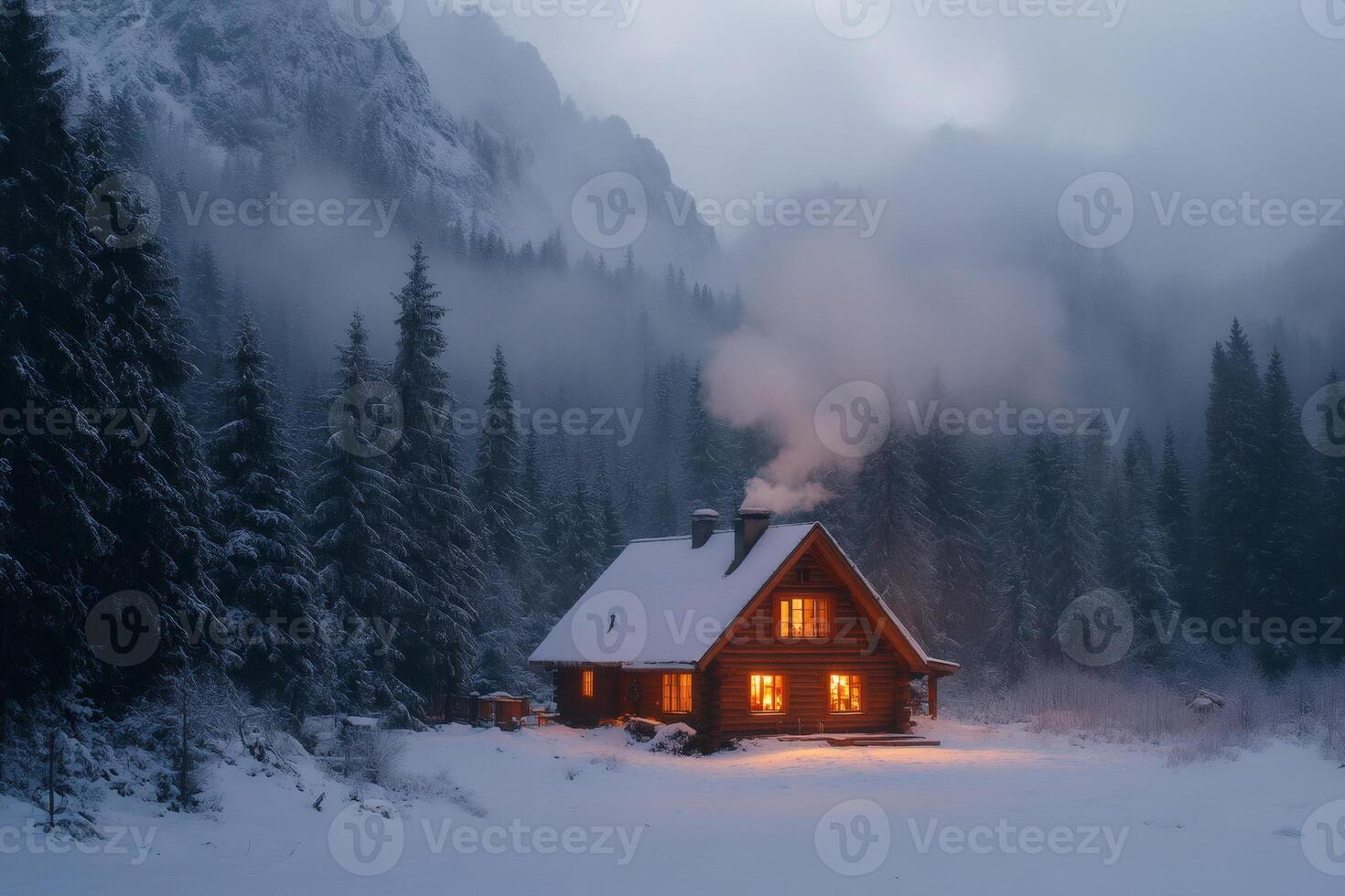 Cozy wooden cabin glowing in snowy mountain valley at dusk photo