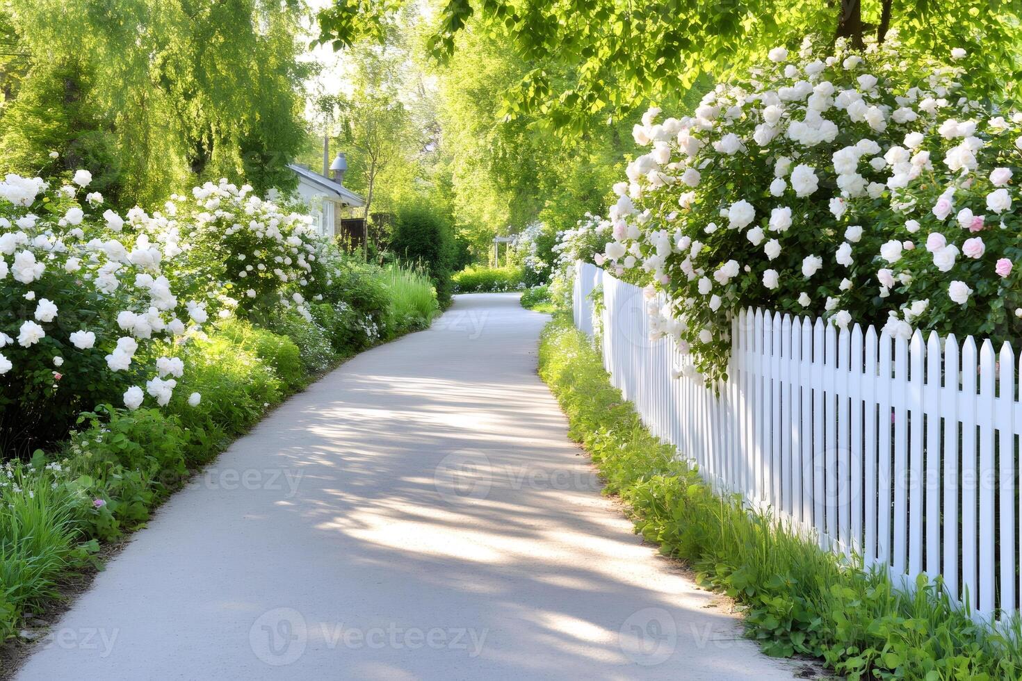 White picket fence bordering blooming white roses decorating a quiet neighborhood road photo