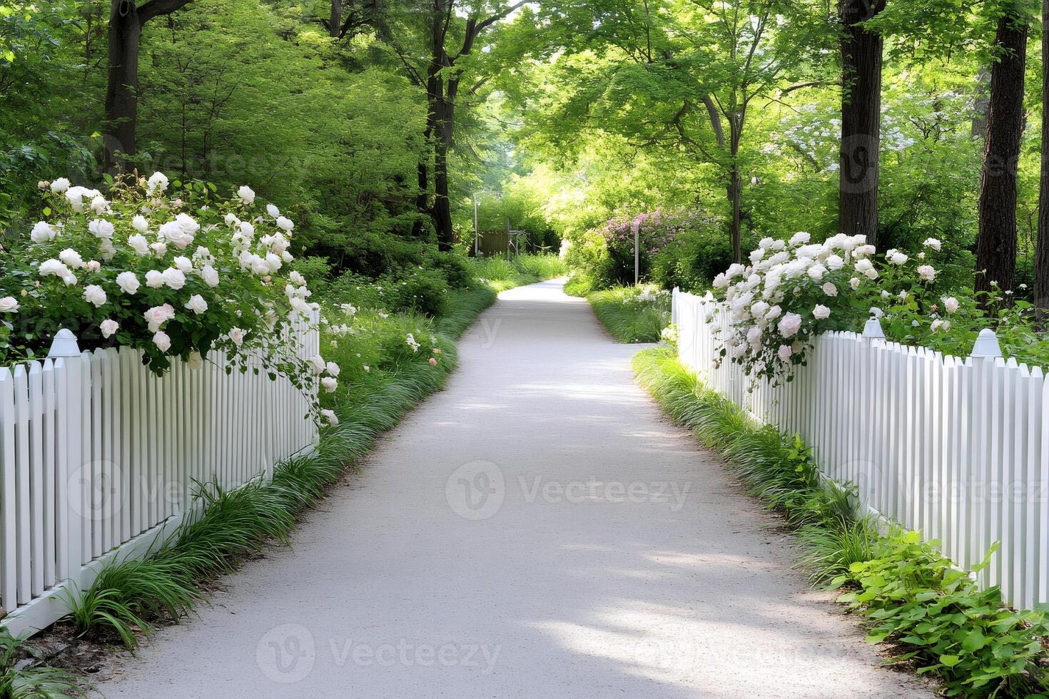 White picket fence with blooming white roses bordering a path in a peaceful garden photo
