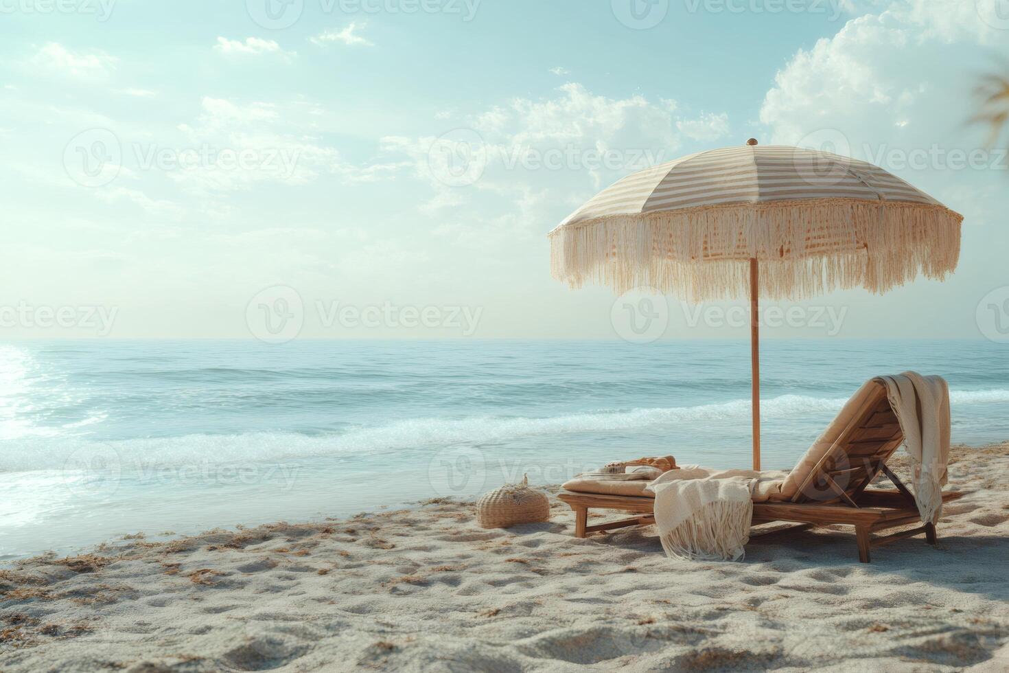 Relaxing beach lounge chair and umbrella inviting to enjoy summer vacation photo