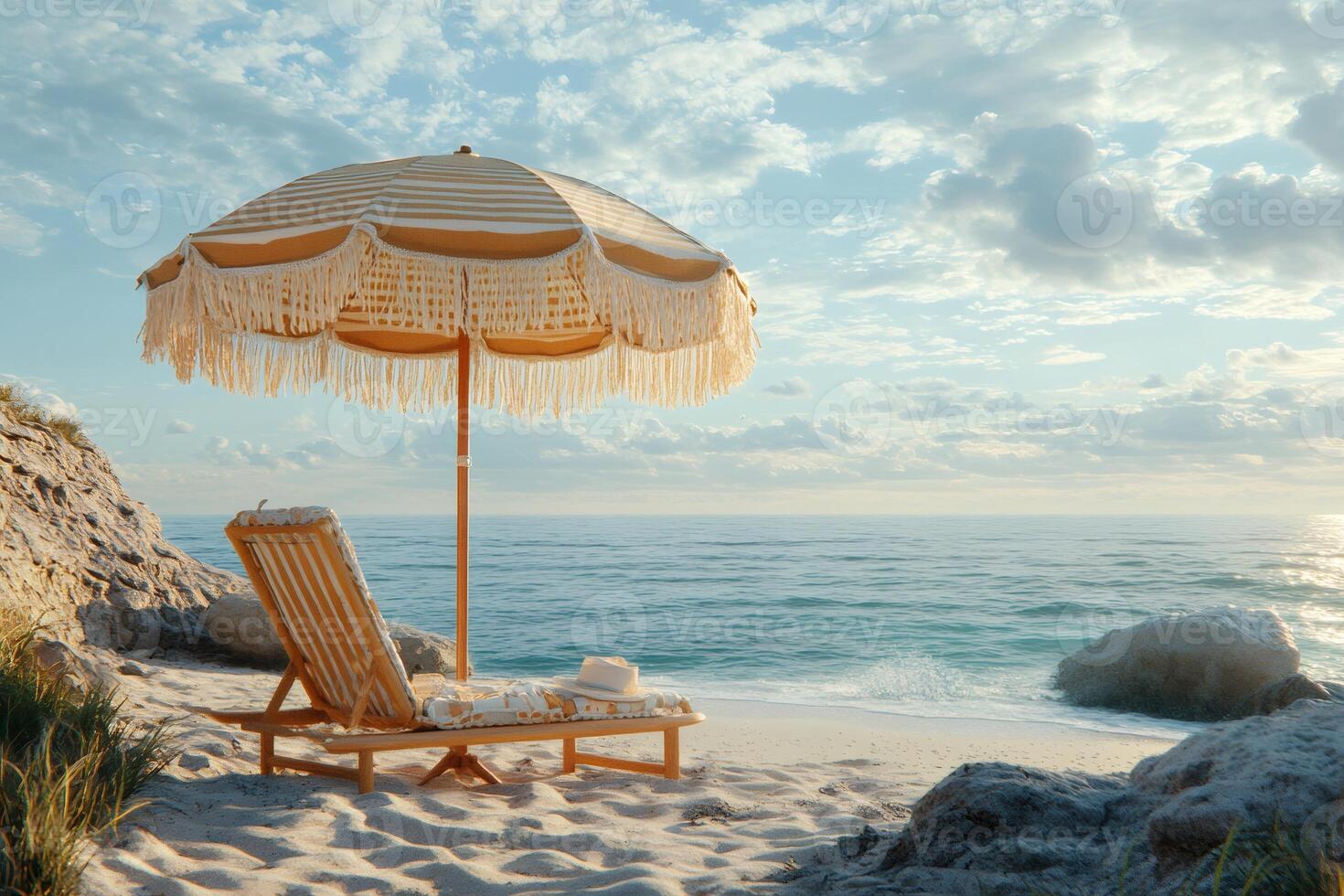 Beach umbrella and deck chair suggesting relaxing vacation on a sunny beach photo