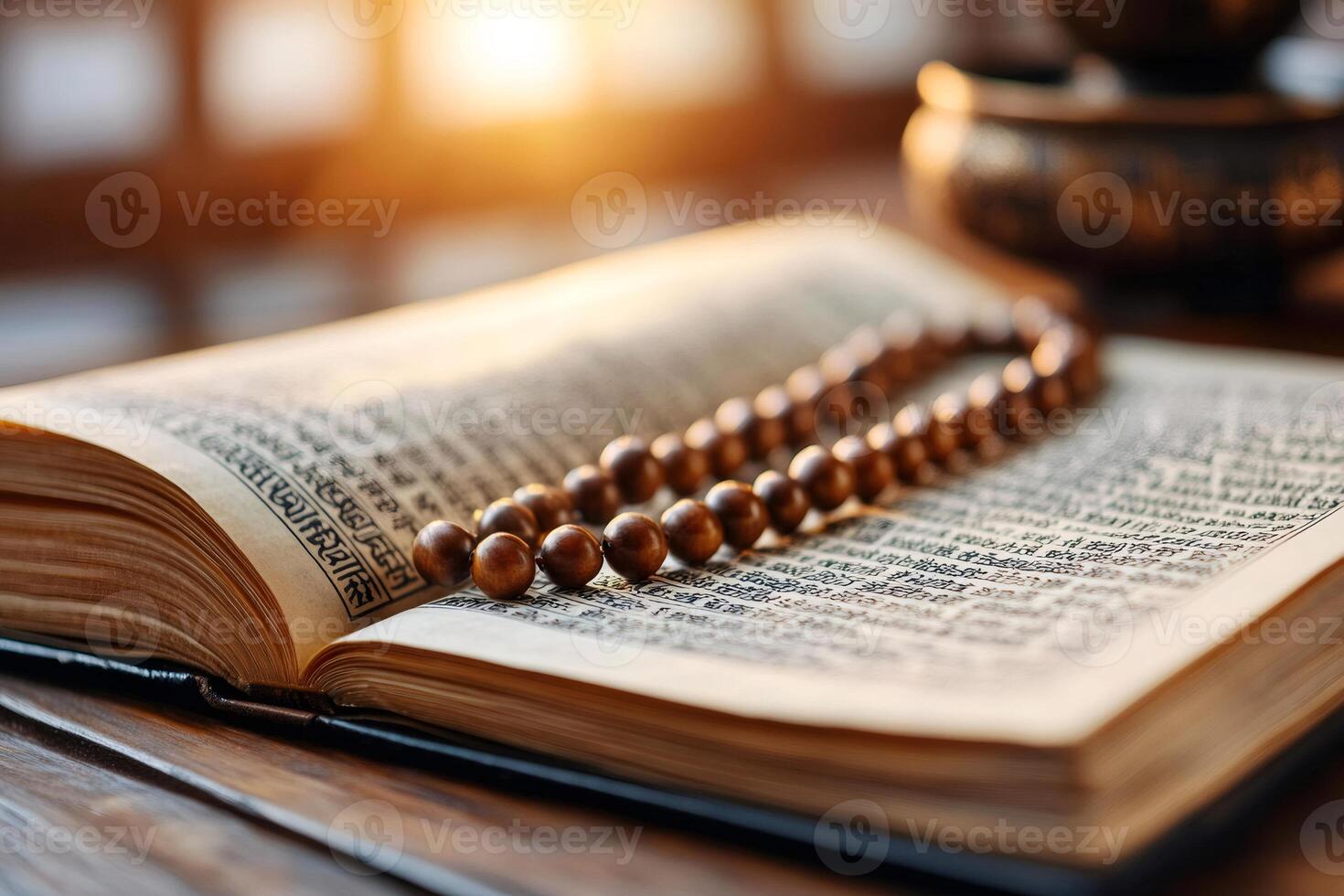 Wooden rosary beads resting on open antique book illuminated by sunlight photo