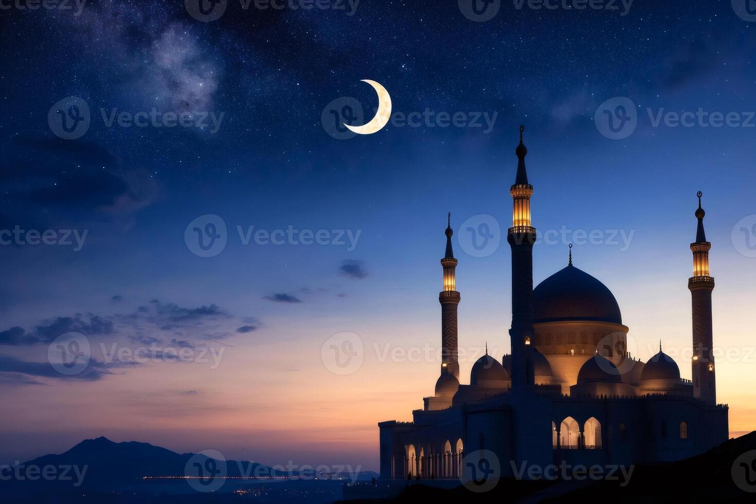 Illuminated mosque under crescent moon and starry night sky during Ramadan photo