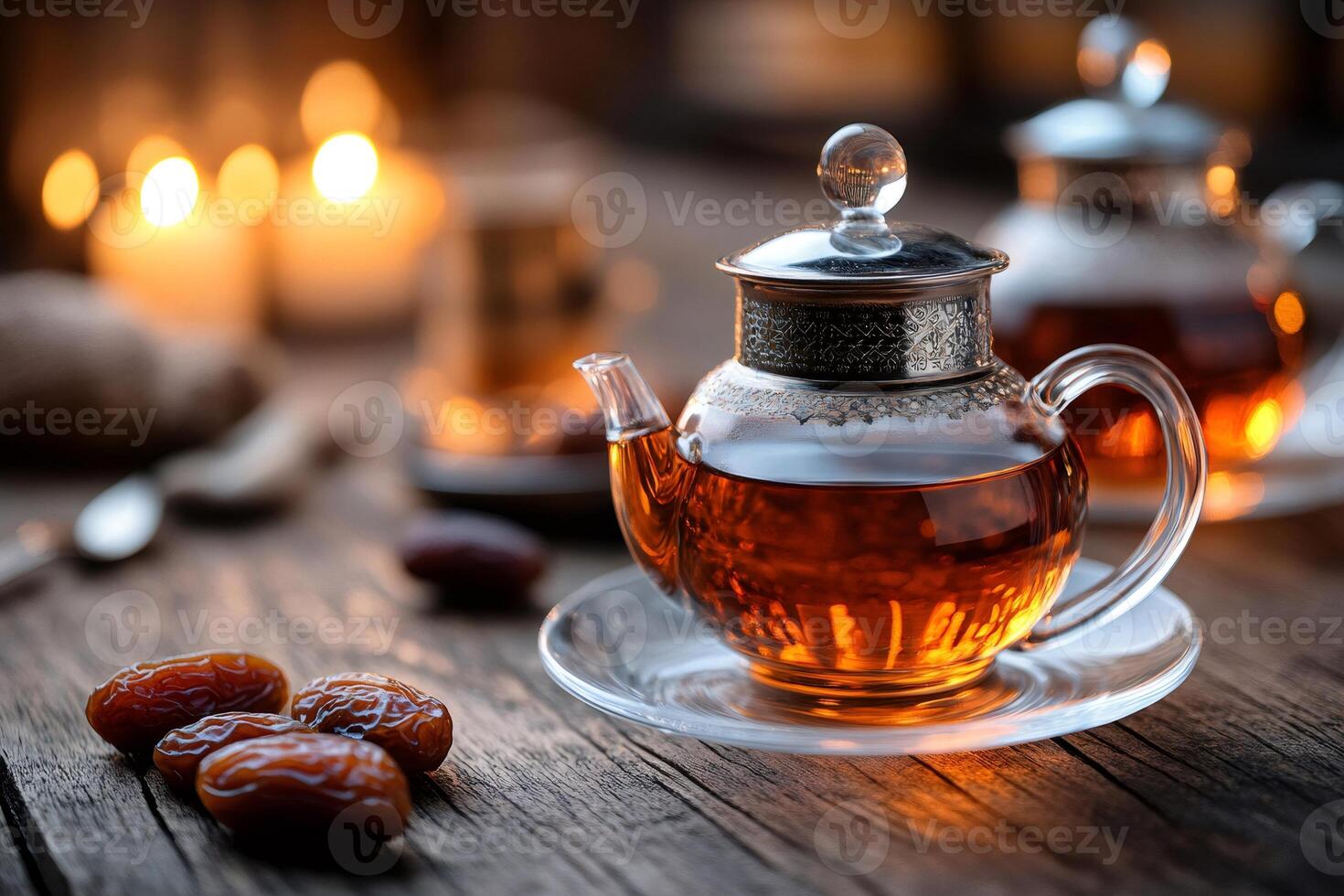 Glass teapot with tea and dates on wooden table with candlelight in background photo