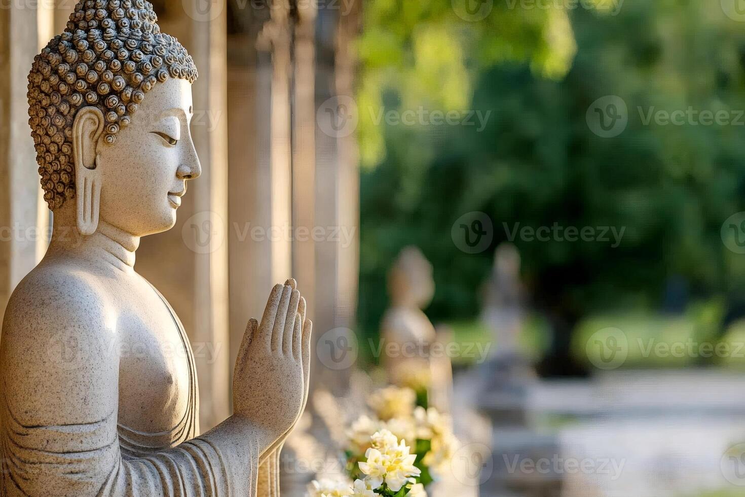 Buddha statue praying in a temple with other statues in background photo