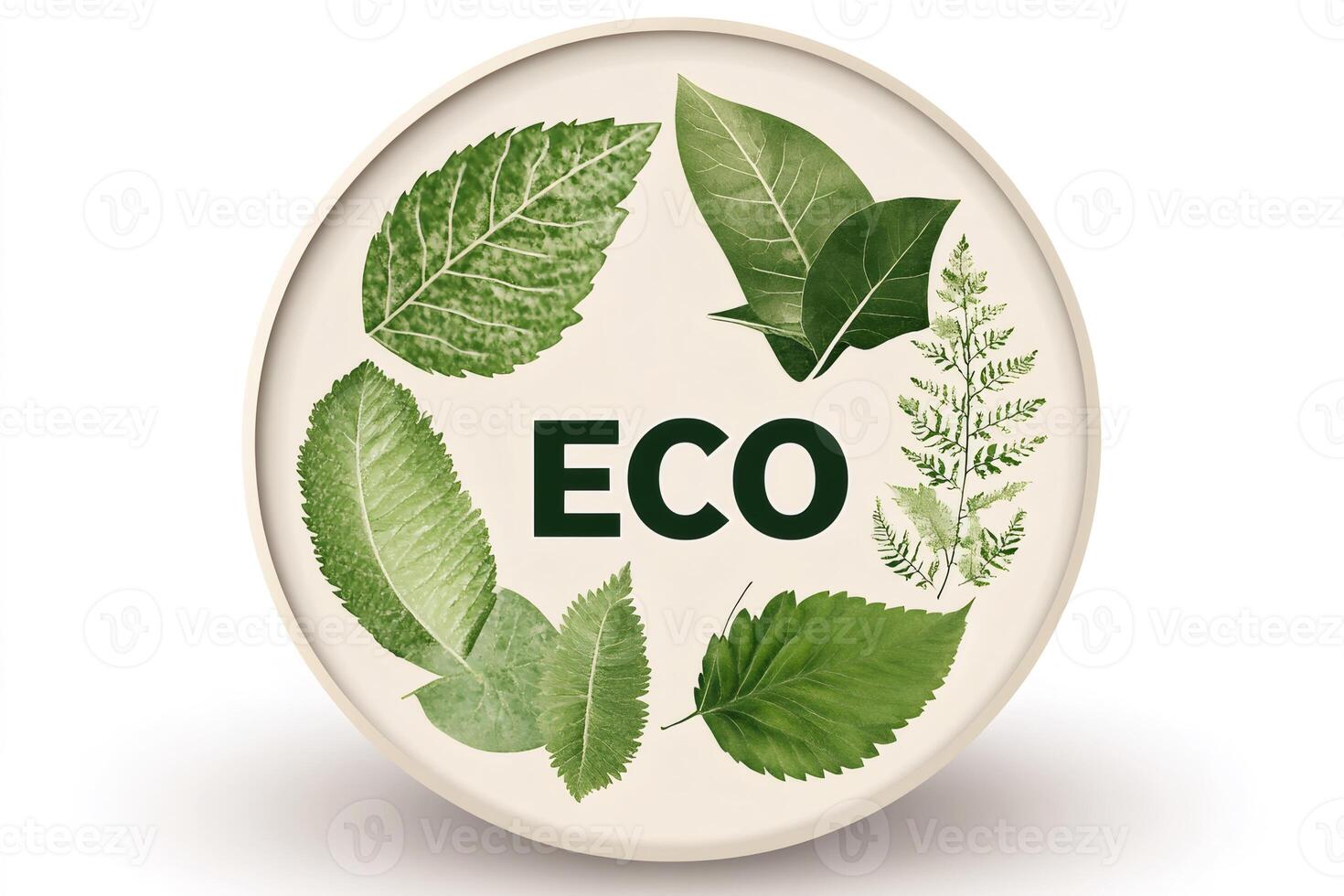 Green leaves forming a circle around the word eco promoting environmental awareness photo