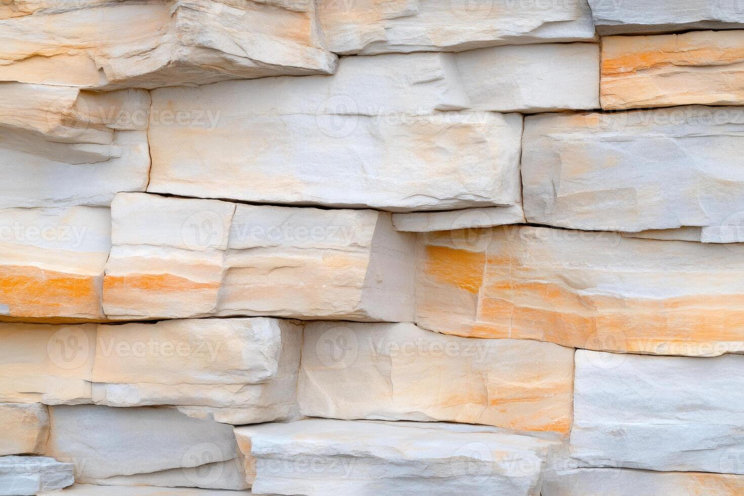 Decorative stone wall cladding showing stacked rough blocks of white and orange rocks photo