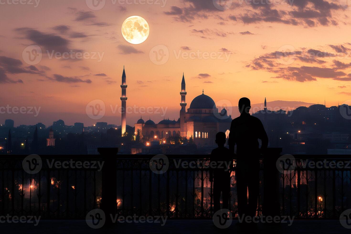 Father and son looking at Kocatepe Mosque under full moon at sunset photo
