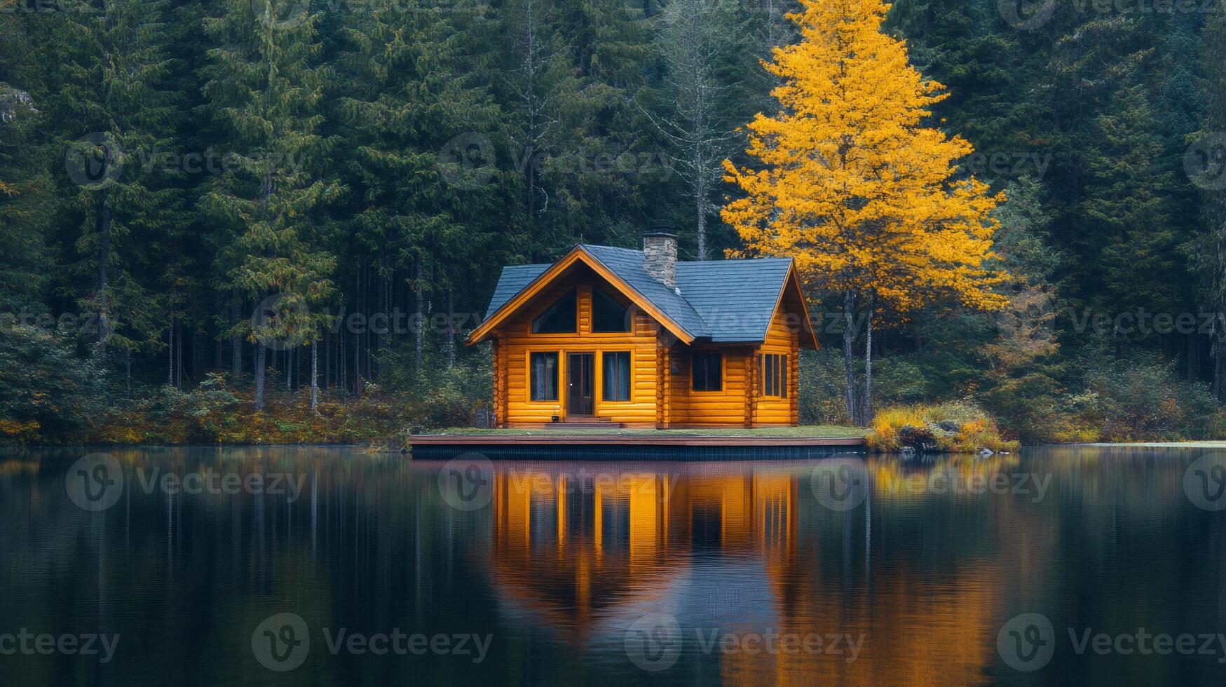 Wooden cabin reflecting on a calm lake in an autumn forest photo
