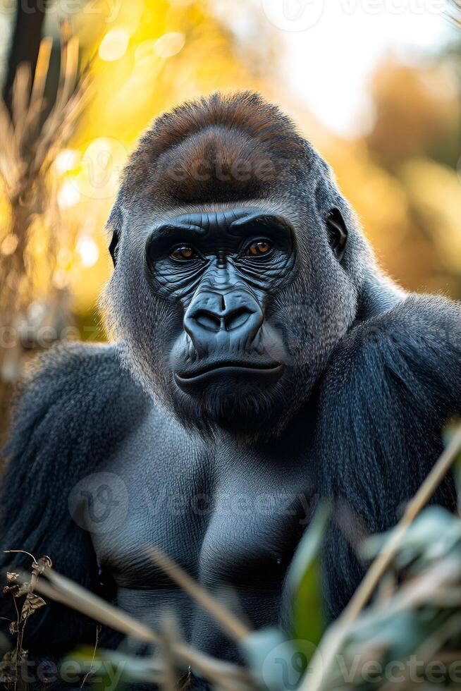 Western lowland gorilla looking imposing showing its strength in the jungle photo