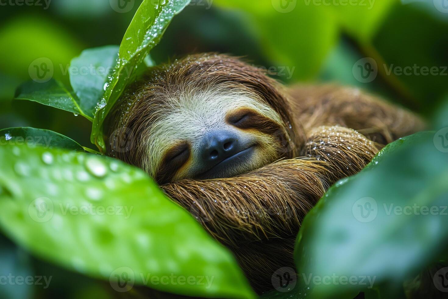 Lovely brown-throated three-toed sloth sleeping in rainforest vegetation photo