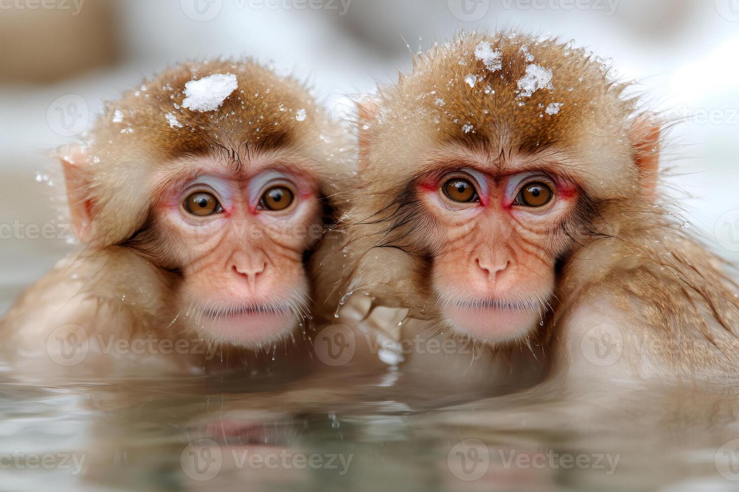 Two snow monkeys enjoying a hot bath in winter photo
