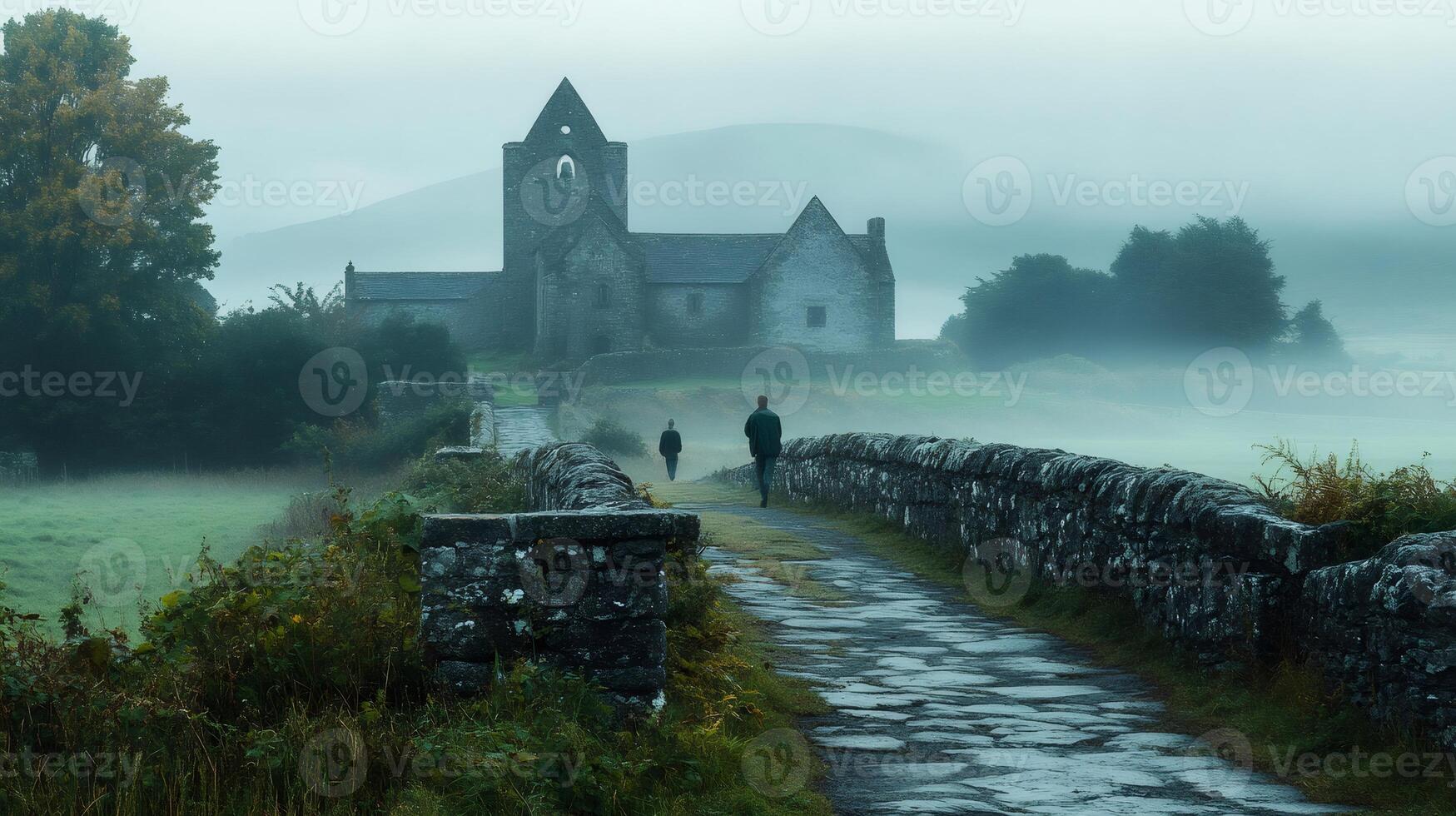Tourists walking towards ancient church on a foggy morning in Ireland photo