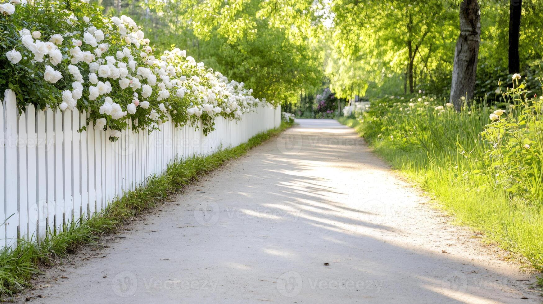 White picket fence with blooming white roses bordering a path in a peaceful garden.. photo